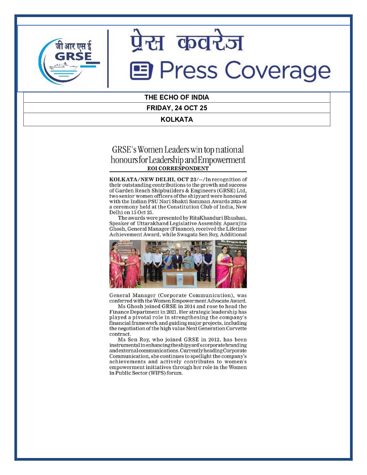  Press Coverage: 22 Oct 25:THE ECHO OF INDIA 